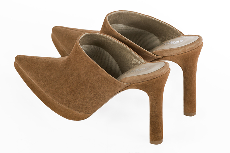 Caramel brown women's clog mules. Pointed toe. Very high slim heel. Rear view - Florence KOOIJMAN
